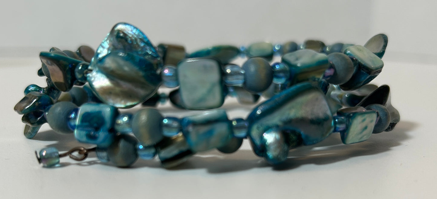 Iridescent Blue Shell Coil Wrap Bracelet – Single Strand Ocean-Inspired Statement Jewelry