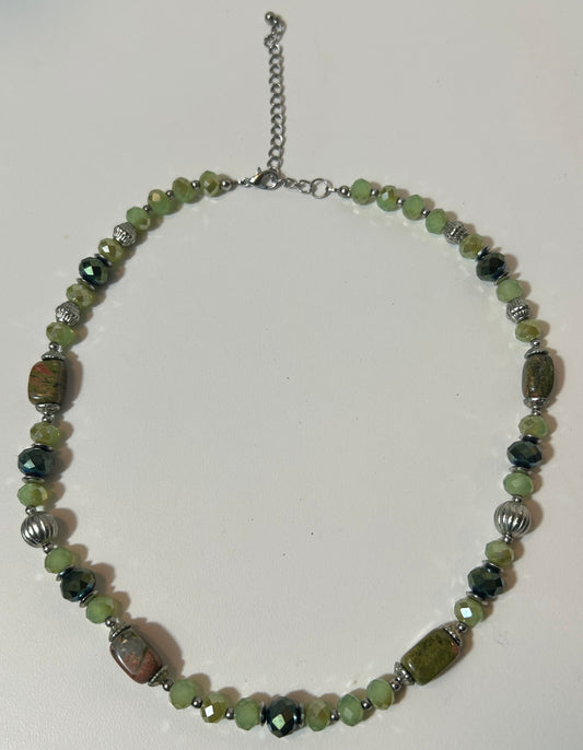 Green Jasper & Faceted Glass Bead Statement Necklace – Adjustable Length, Earthy Boho Style