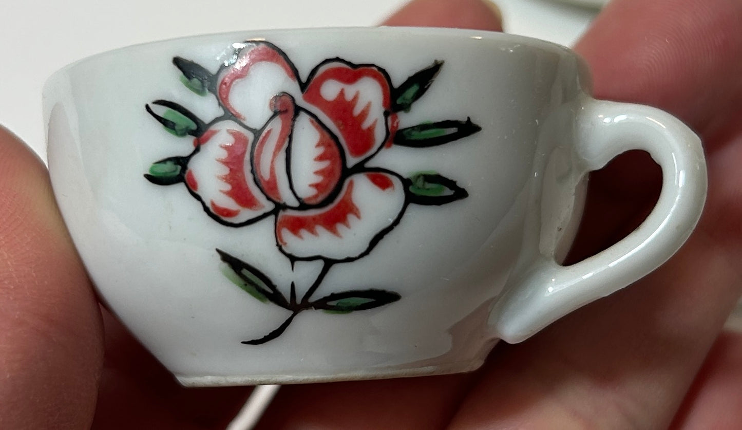 Vintage Miniature Porcelain Tea Set – Hand-Painted Floral Cups Saucers | Made in Japan (Set of 6)