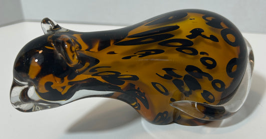 Handcrafted Murano-Style Amber Art Glass Leopard Paperweight – Blown Glass Animal Figurine