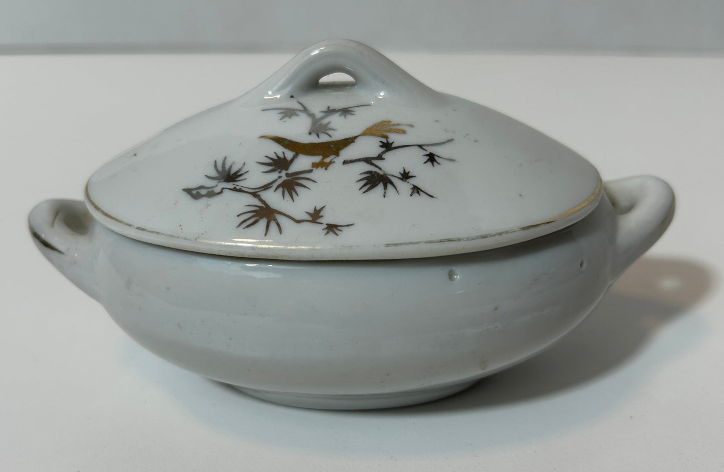 Vintage Japanese Lidded Miniature Tureen with Gold Bird and Bamboo Motif – Marked "Japan"