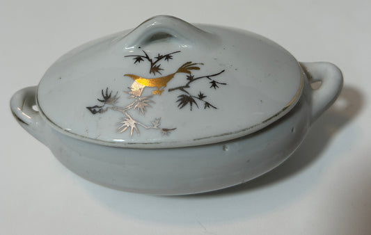 Vintage Japanese Lidded Miniature Tureen with Gold Bird and Bamboo Motif – Marked "Japan"