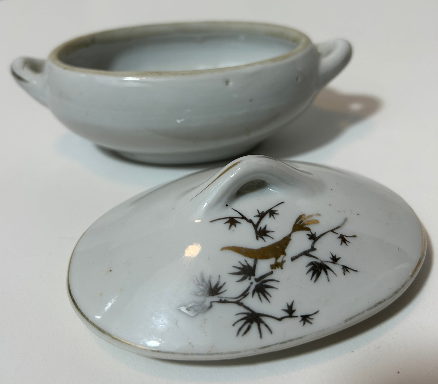 Vintage Japanese Lidded Miniature Tureen with Gold Bird and Bamboo Motif – Marked "Japan"