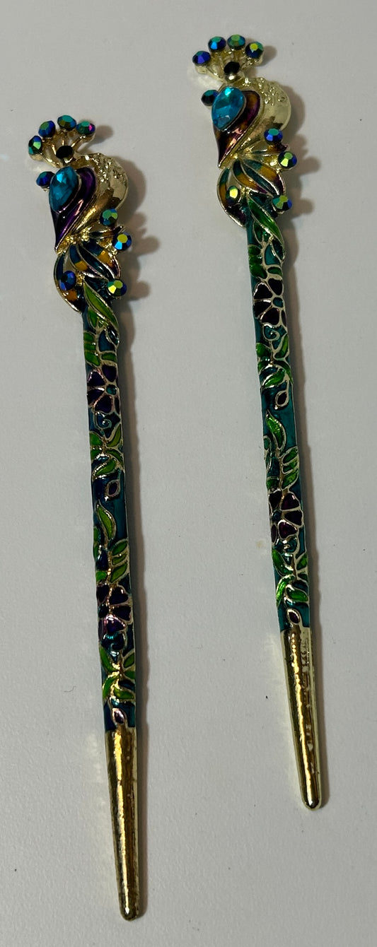 Vintage Enamel Peacock Hair Sticks – Multicolor Jeweled Hair Pins, Ornate Asian-Inspired Design (Set of 2)