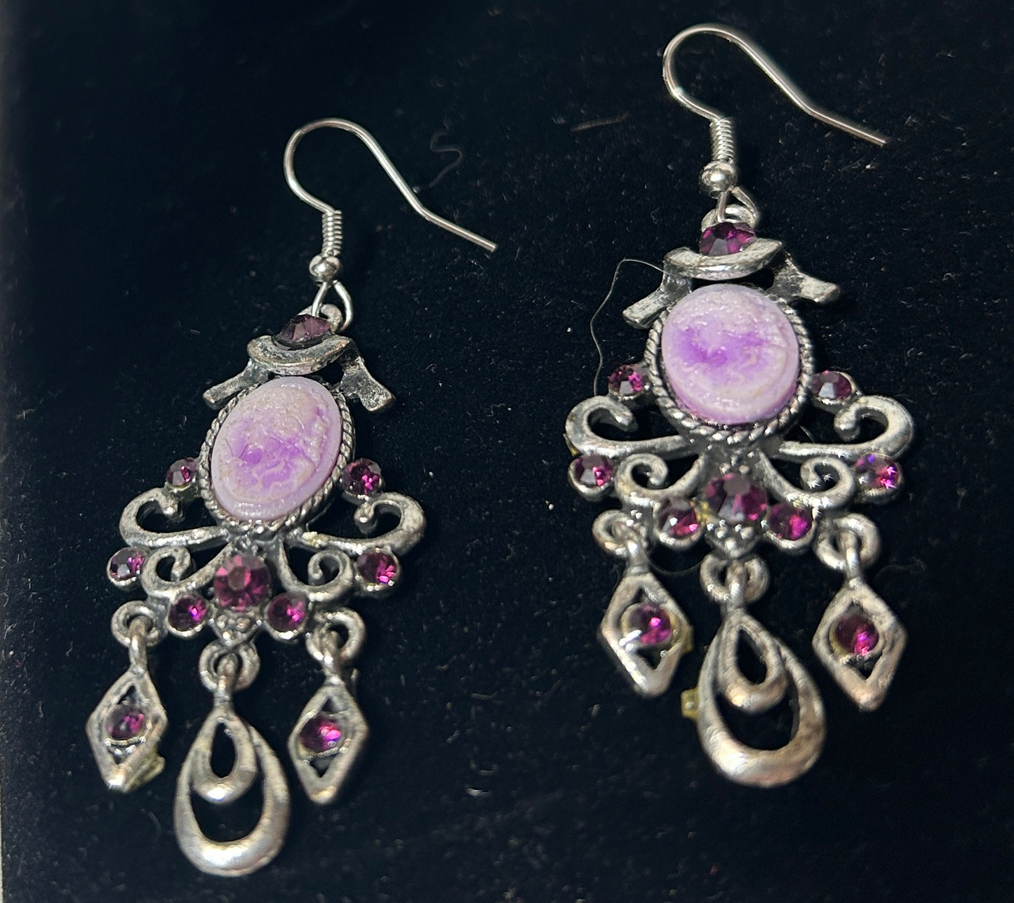 Vintage Ornate Silver Chandelier Earrings with Purple Cameo and Rhinestones – Victorian Revival Dangle Jewelry