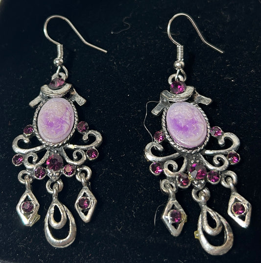 Vintage Ornate Silver Chandelier Earrings with Purple Cameo and Rhinestones – Victorian Revival Dangle Jewelry