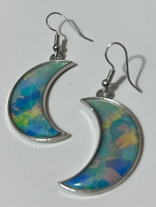 Iridescent Crescent Moon Drop Earrings – Silver Tone Celestial Jewelry with Multicolor Enamel Inlay