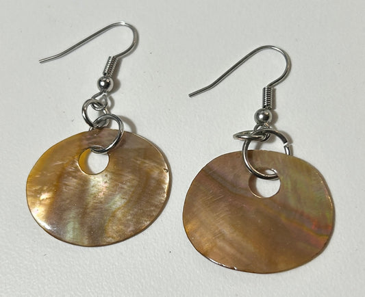 Vintage Iridescent Shell Disc Earrings with Silver-Tone Hooks – Boho Dangle Style