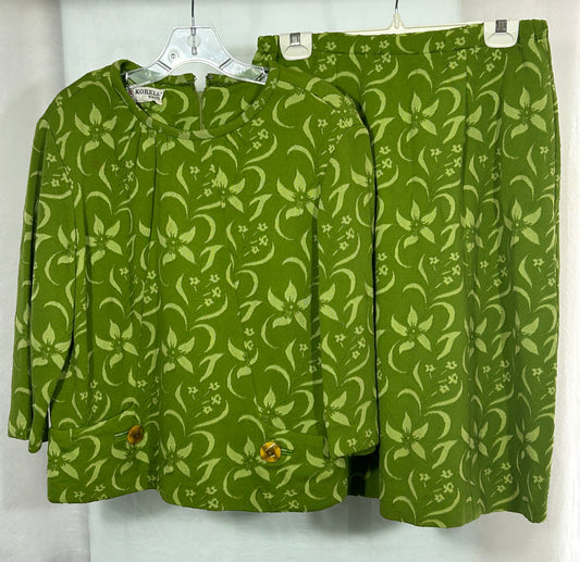 Vintage Korell Knits 1960s Green Floral Knit Two-Piece Set – Button Detail Jacket & Midi Skirt – Mod Retro Suit