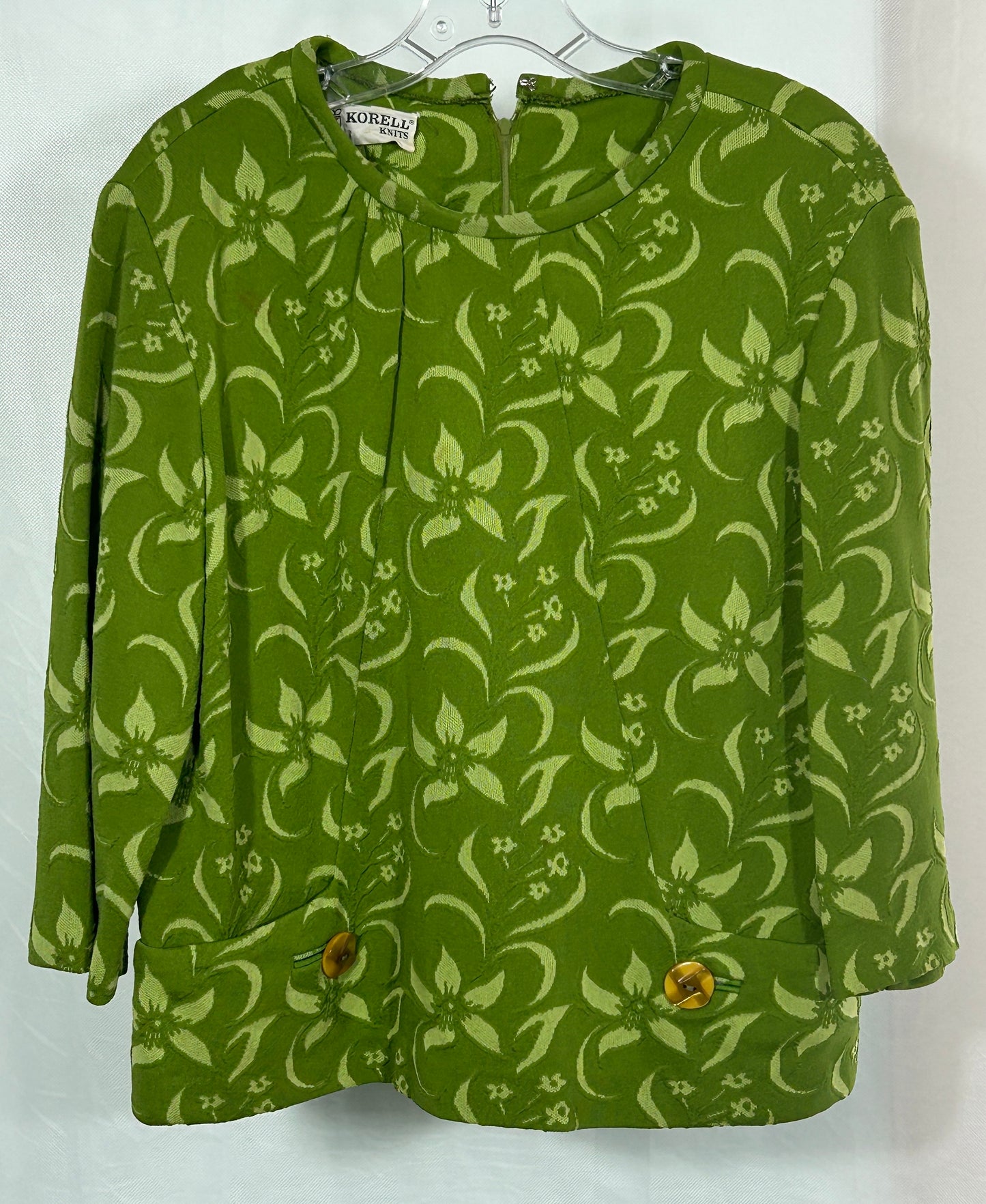 Vintage Korell Knits 1960s Green Floral Knit Two-Piece Set – Button Detail Jacket & Midi Skirt – Mod Retro Suit