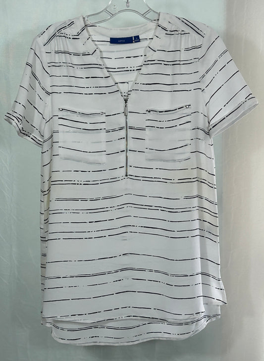 APT.9 Women's Small White Blouse with Black Stripes and Front Zipper | Short Sleeve Business Casual Top