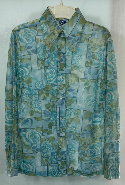 Vintage Ship'n Shore Knit Editions Blue Rose Blouse Size 16 Sheer Long Sleeve Retro 70s Floral Shirt