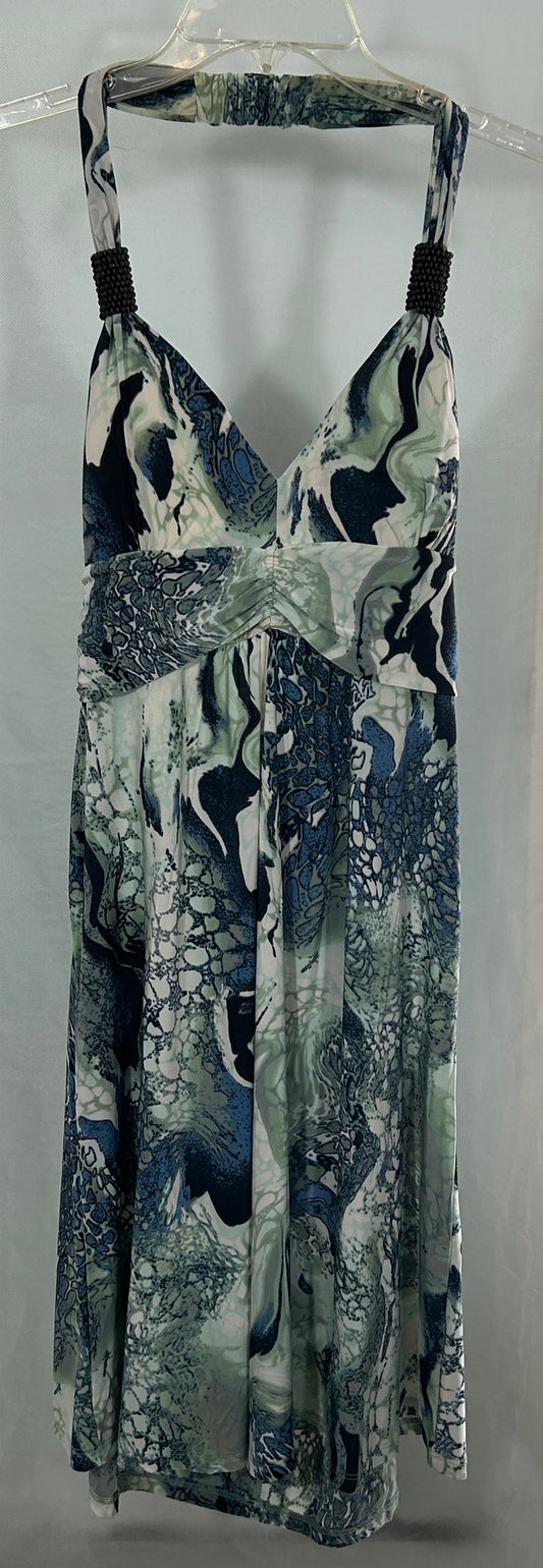 Cristinalove Abstract Blue Marble Print Halter Dress with Beaded Strap Detail – Size L