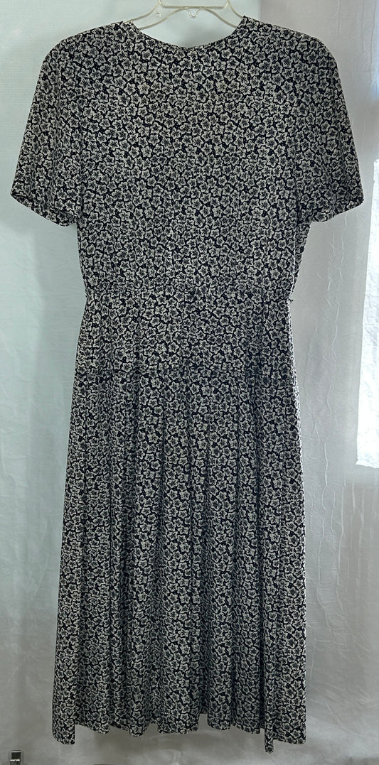 Vintage Liz Claiborne Black & White Floral Midi Dress – Size 10, Made in Korea