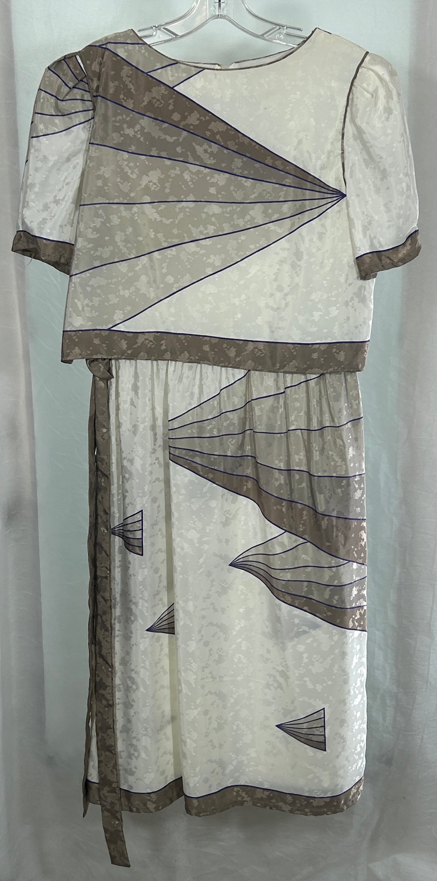 Vintage Hal Ferman by Donald Curtis Art Deco Fan Print Dress – Size 12 – Sheer Overlay with Sash Belt
