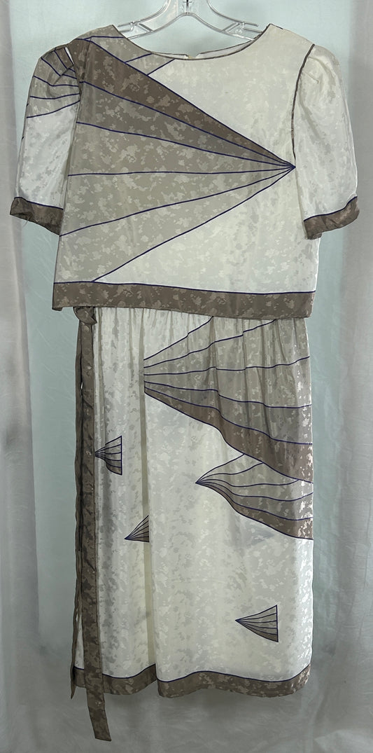 Vintage Hal Ferman by Donald Curtis Art Deco Fan Print Dress – Size 12 – Sheer Overlay with Sash Belt