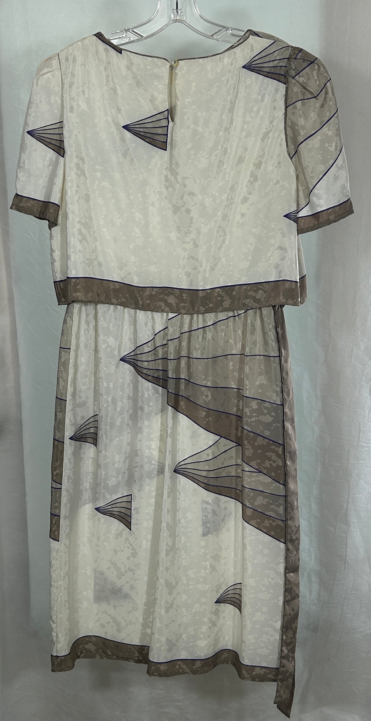 Vintage Hal Ferman by Donald Curtis Art Deco Fan Print Dress – Size 12 – Sheer Overlay with Sash Belt