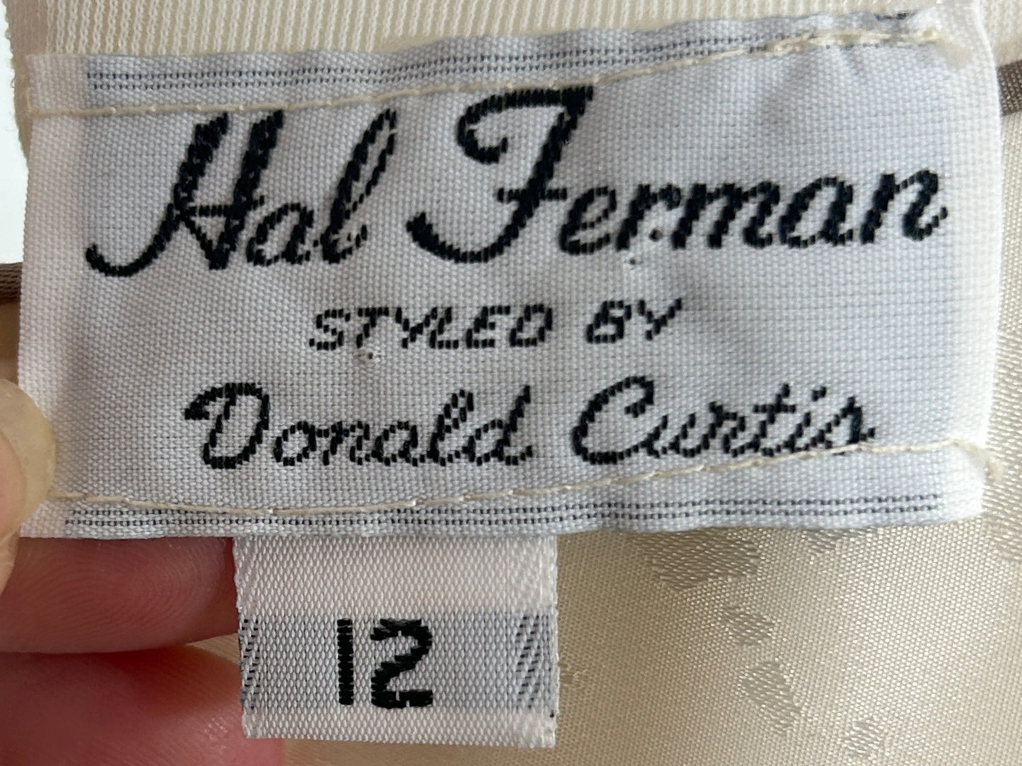 Vintage Hal Ferman by Donald Curtis Art Deco Fan Print Dress – Size 12 – Sheer Overlay with Sash Belt