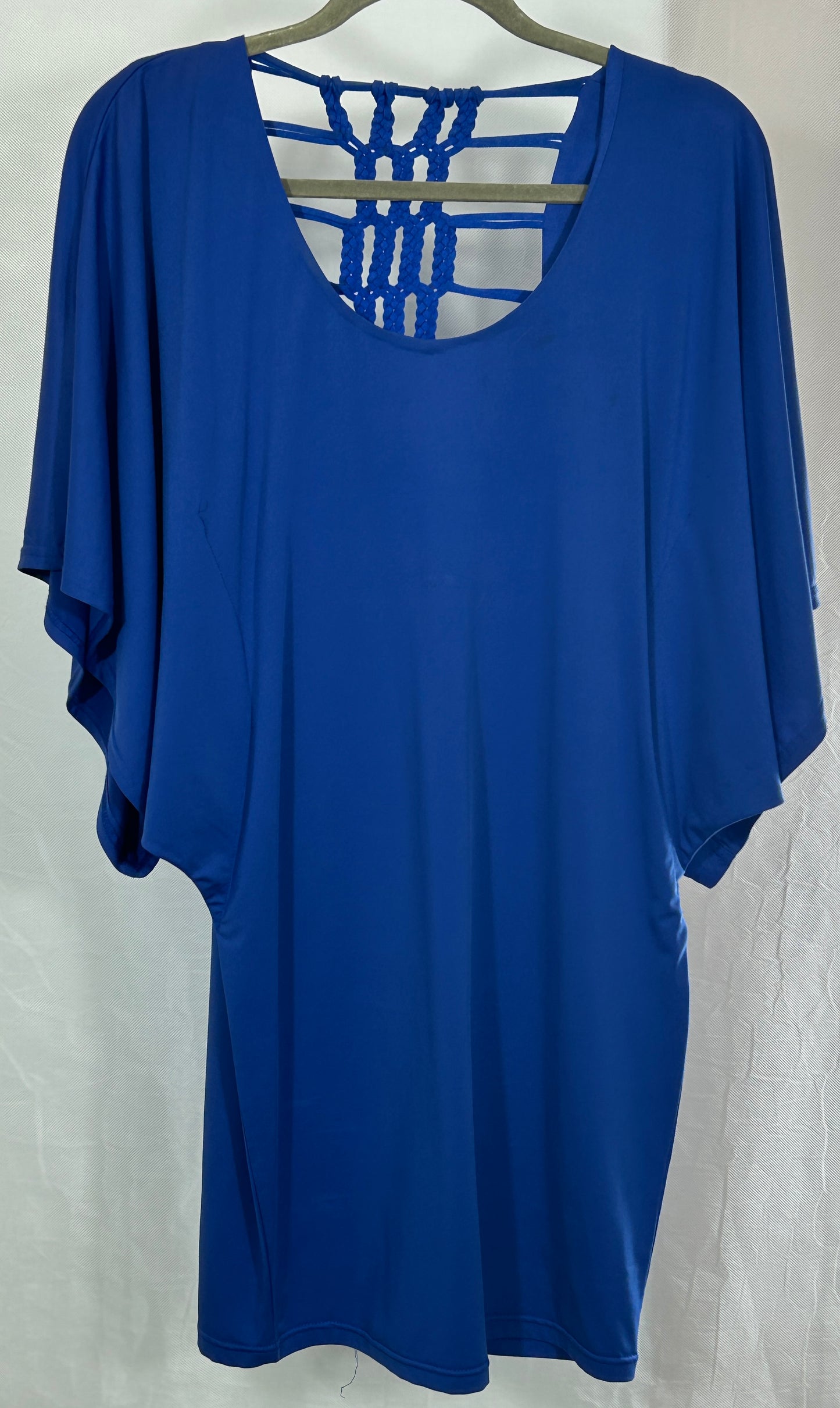 Royal Blue Boho Kimono Sleeve Mini Dress with Intricate Macramé Back Detail – Size M/L