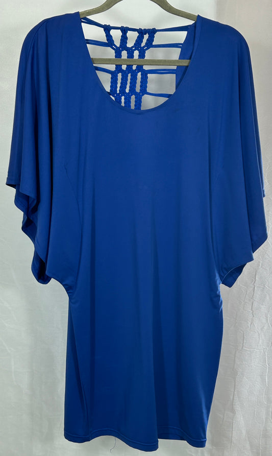 Royal Blue Boho Kimono Sleeve Mini Dress with Intricate Macramé Back Detail – Size M/L