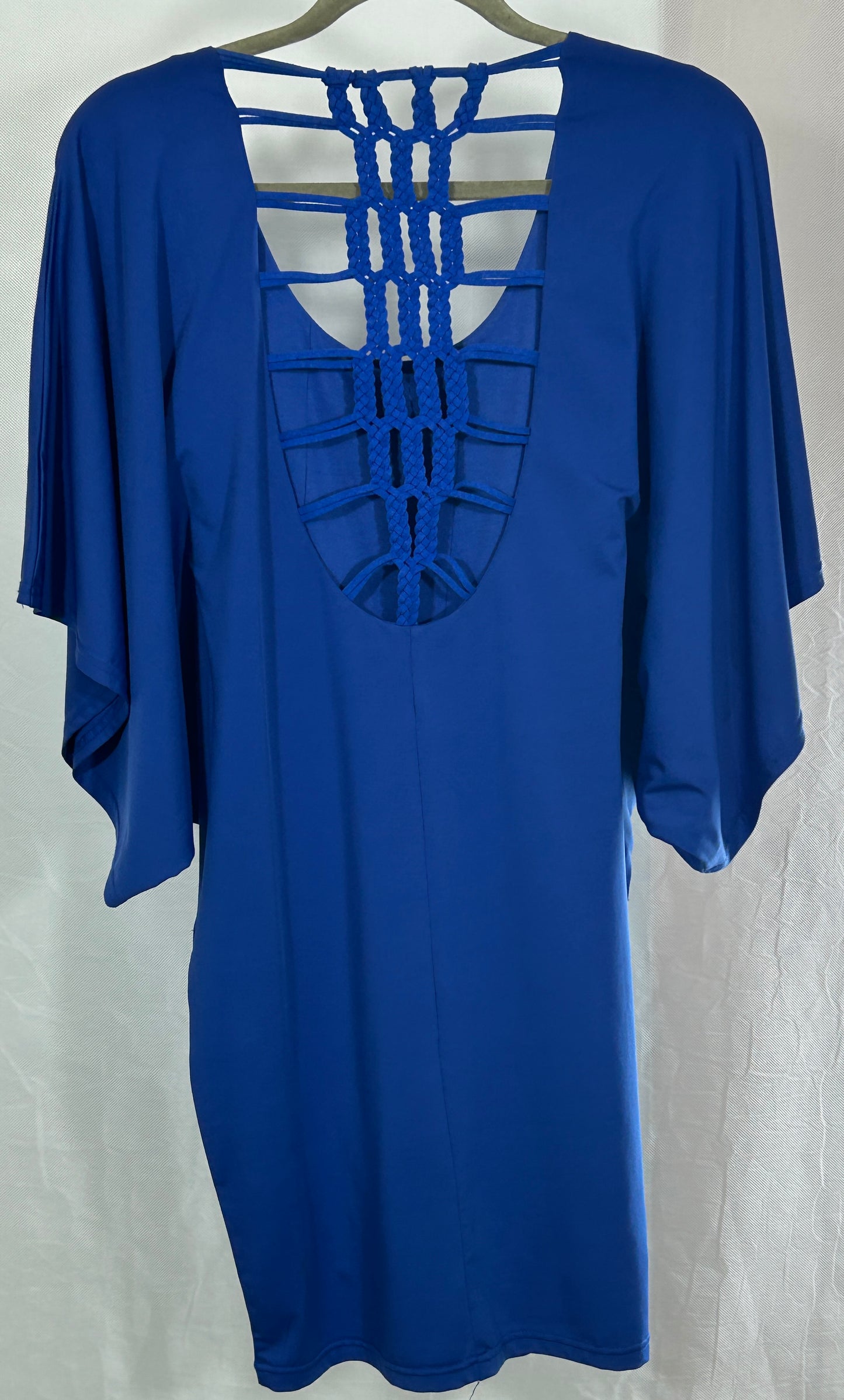 Royal Blue Boho Kimono Sleeve Mini Dress with Intricate Macramé Back Detail – Size M/L