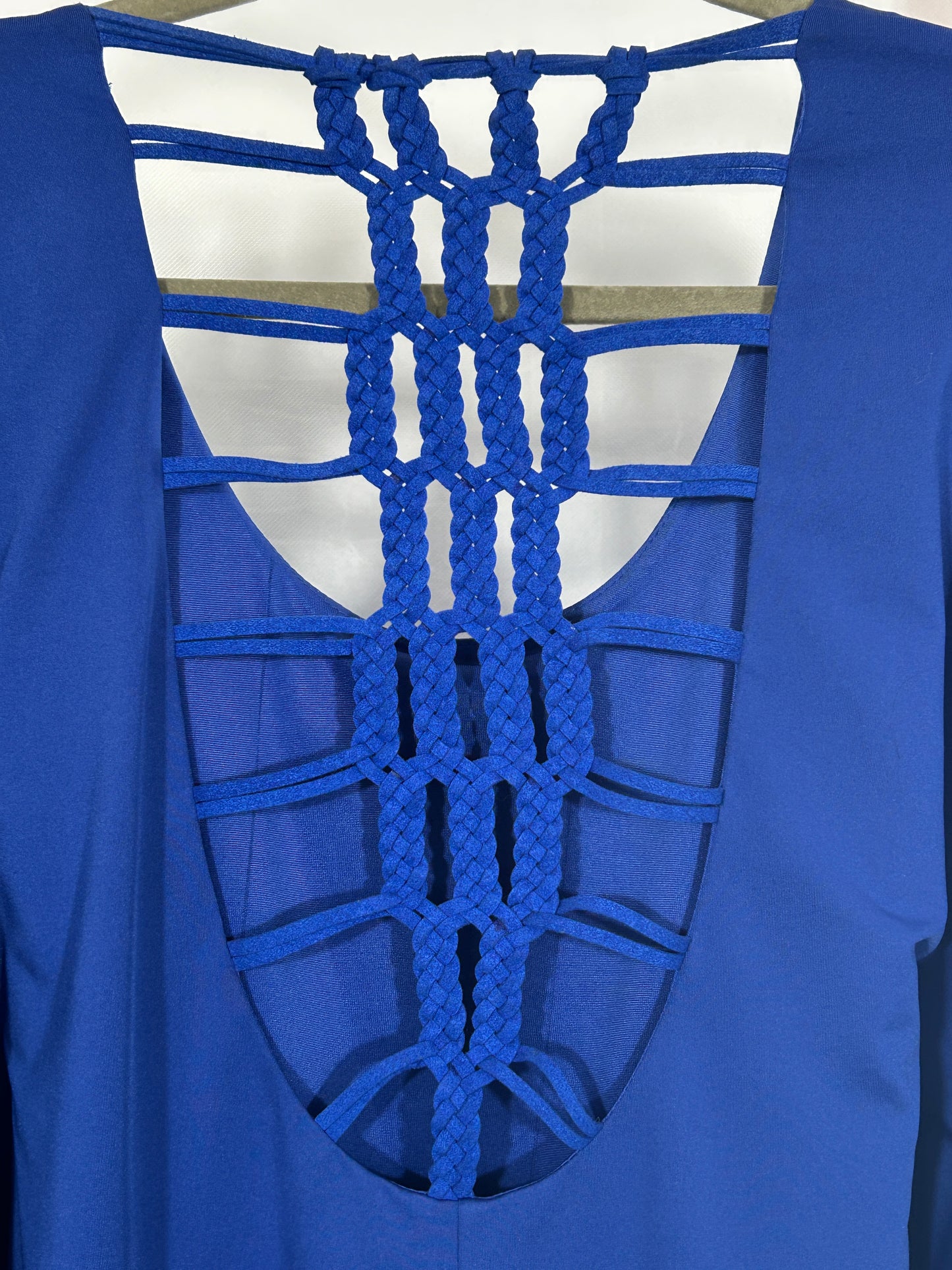 Royal Blue Boho Kimono Sleeve Mini Dress with Intricate Macramé Back Detail – Size M/L