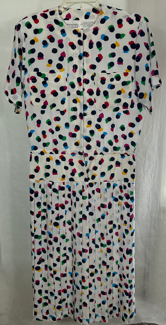 Vintage Liz Roberts Multicolor Polka Dot Pleated Dress with Belt – Size 10, Made in Korea