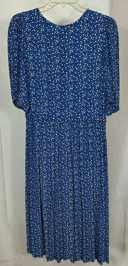 Vintage 1980s Blue Micro Floral Pleated Midi Dress with Puff Sleeves – Back Zip Closure | Size L