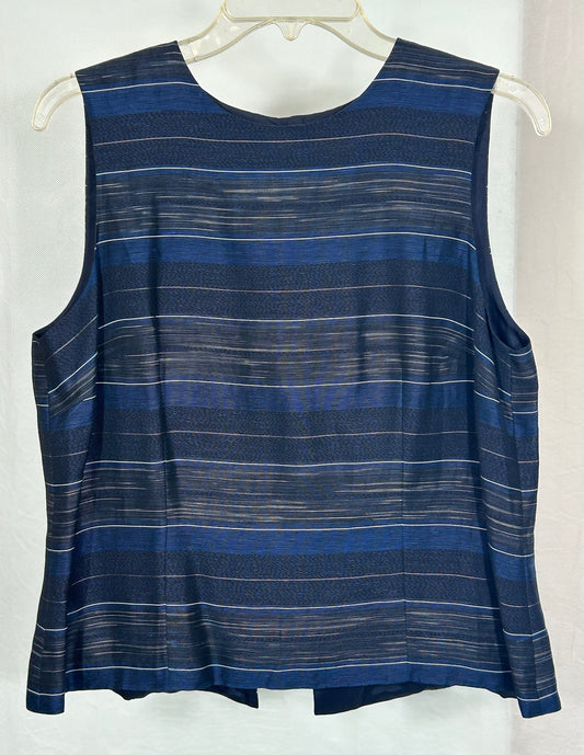 Ann Taylor Size 12 Sleeveless Back Button Blouse Top Navy Blue Stripe Linen Blend