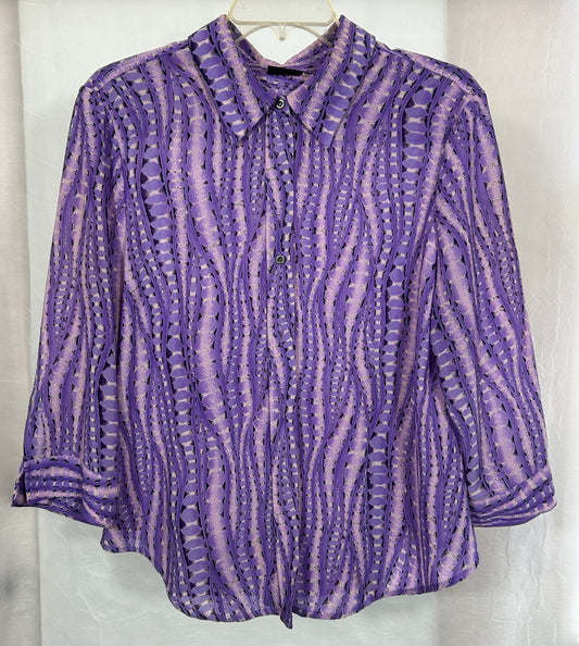 NY & Company Vintage Purple Button-Up Blouse | Sheer Long Sleeve Geometric Print | Size XL