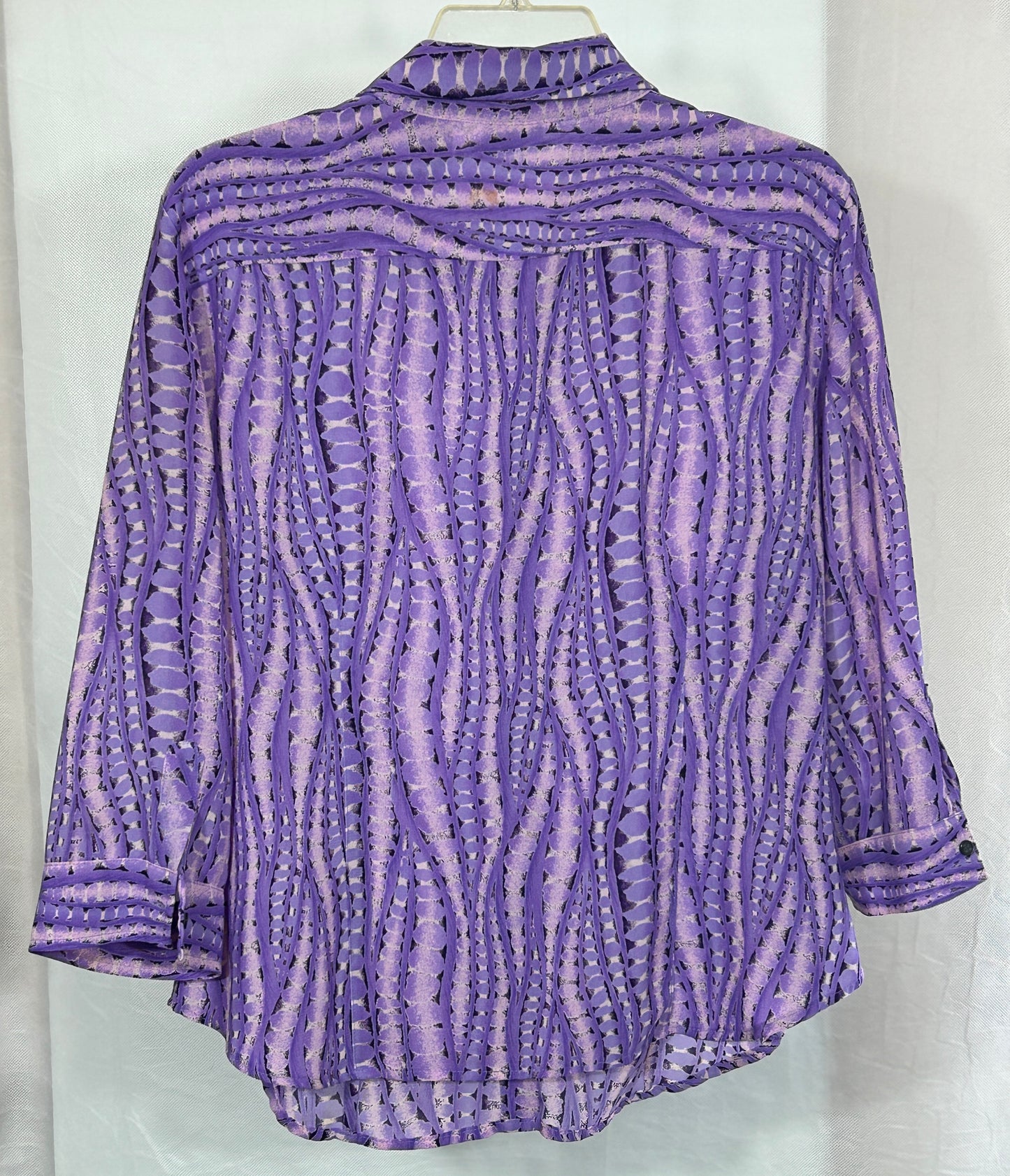 NY & Company Vintage Purple Button-Up Blouse | Sheer Long Sleeve Geometric Print | Size XL