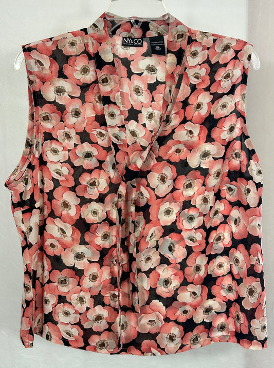 New York & Company Sleeveless Blouse XL Pink Floral Print with Neck Tie | Vintage Made in Korea
