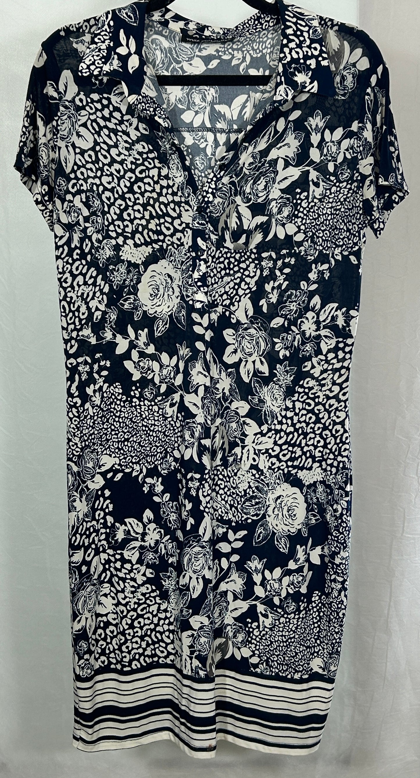 Mlle Gabrielle Navy Blue Floral Animal Print Button-Front Shirt Dress, Women's Size Large
