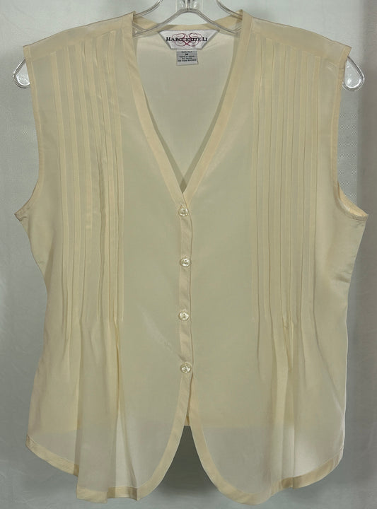 Marguerite Li 100% Silk Sleeveless Blouse | Medium | Cream Button-Front Pintuck Detail Top