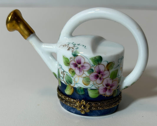 Limoges Rochard Watering Can Trinket Box – Hand Painted Floral Porcelain Box, Made in France