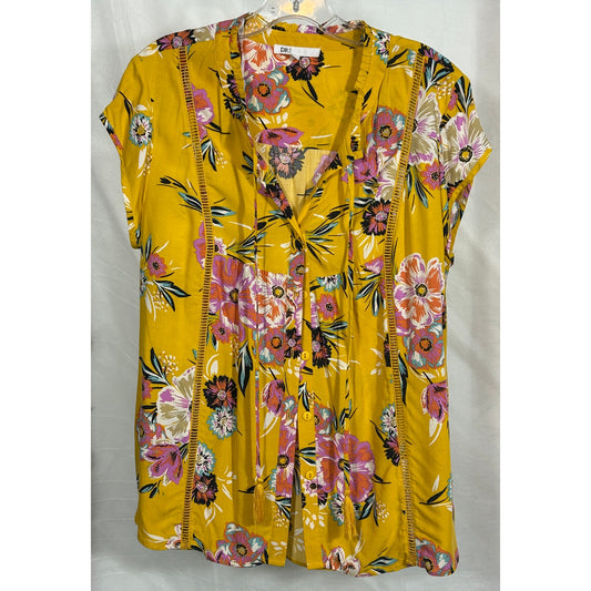 DR2 Yellow Floral Boho Blouse L | Rayon Short Sleeve Button Front Top