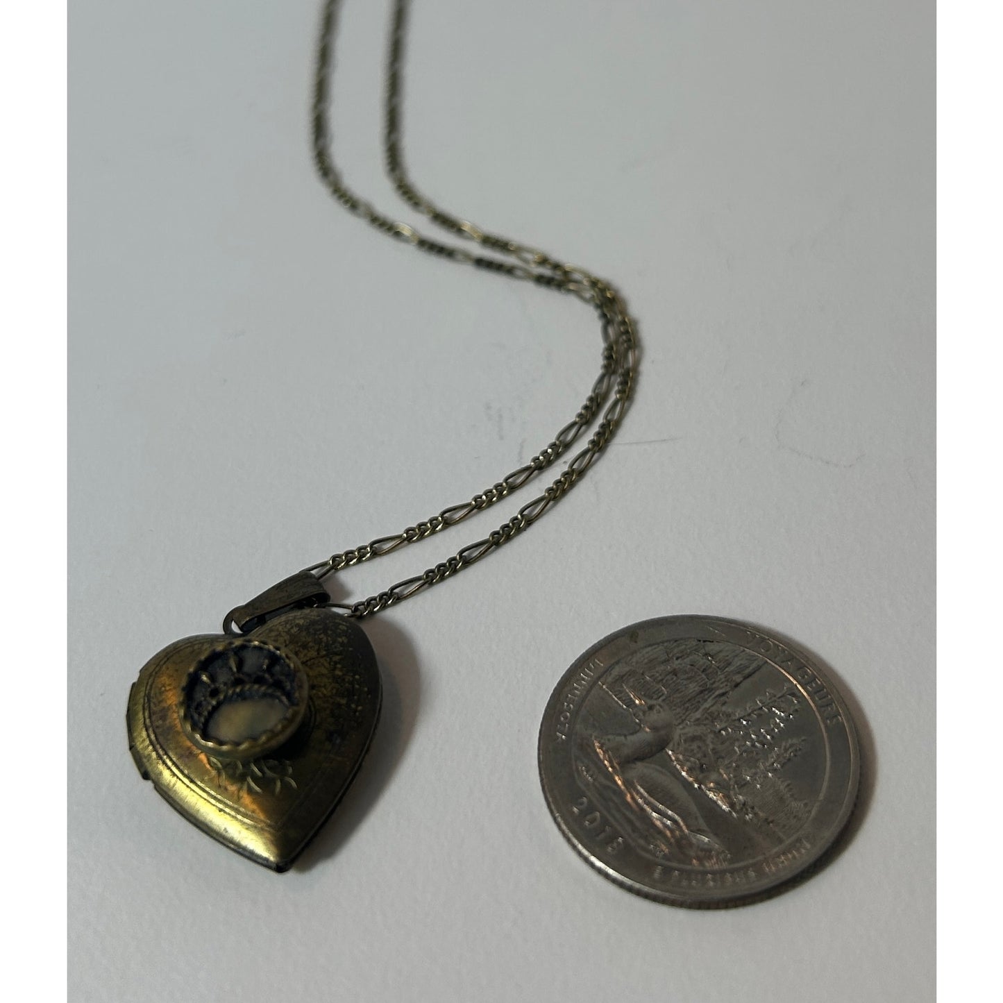 Vintage Heart Locket Necklace Ornate Brass Finish w/ Cameo Accent 26.25"