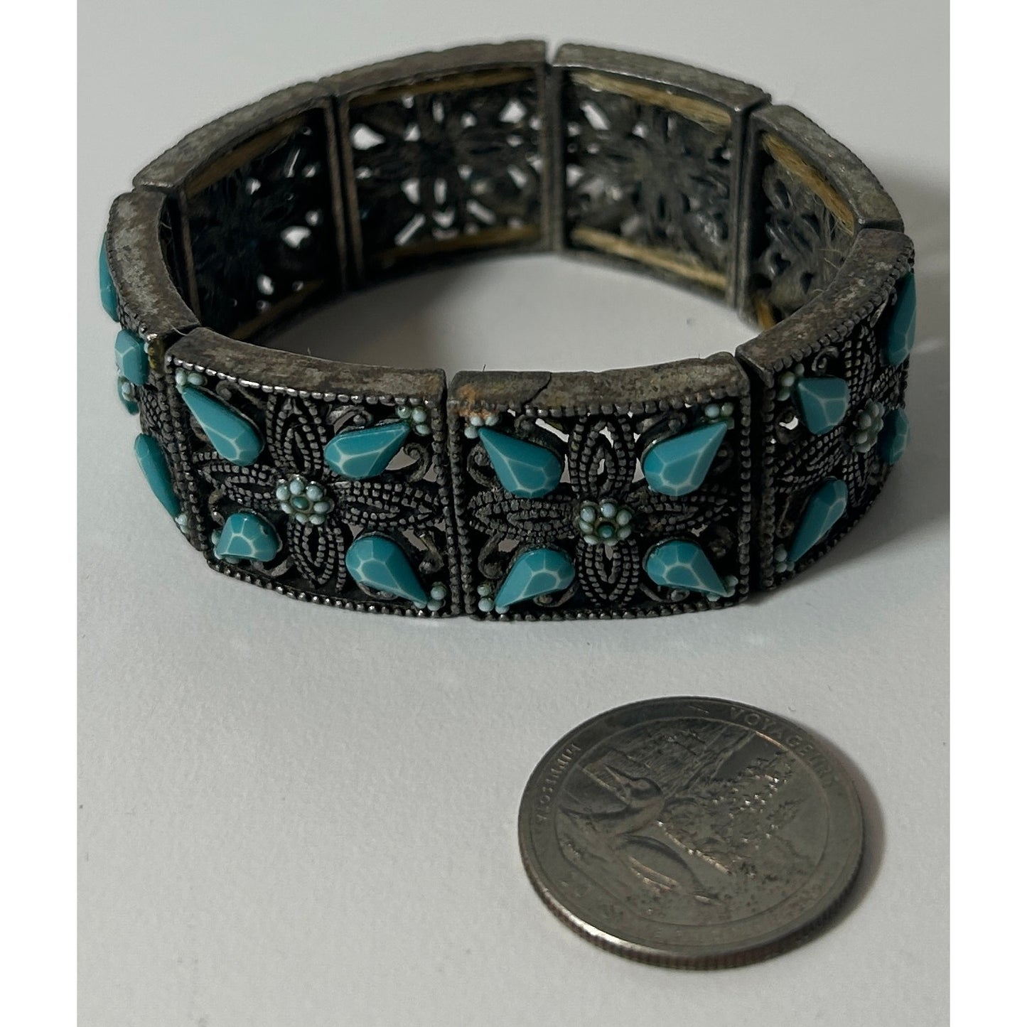 Vintage Boho Wide Cuff Bracelet w/ Faux Turquoise Floral Panels 7"