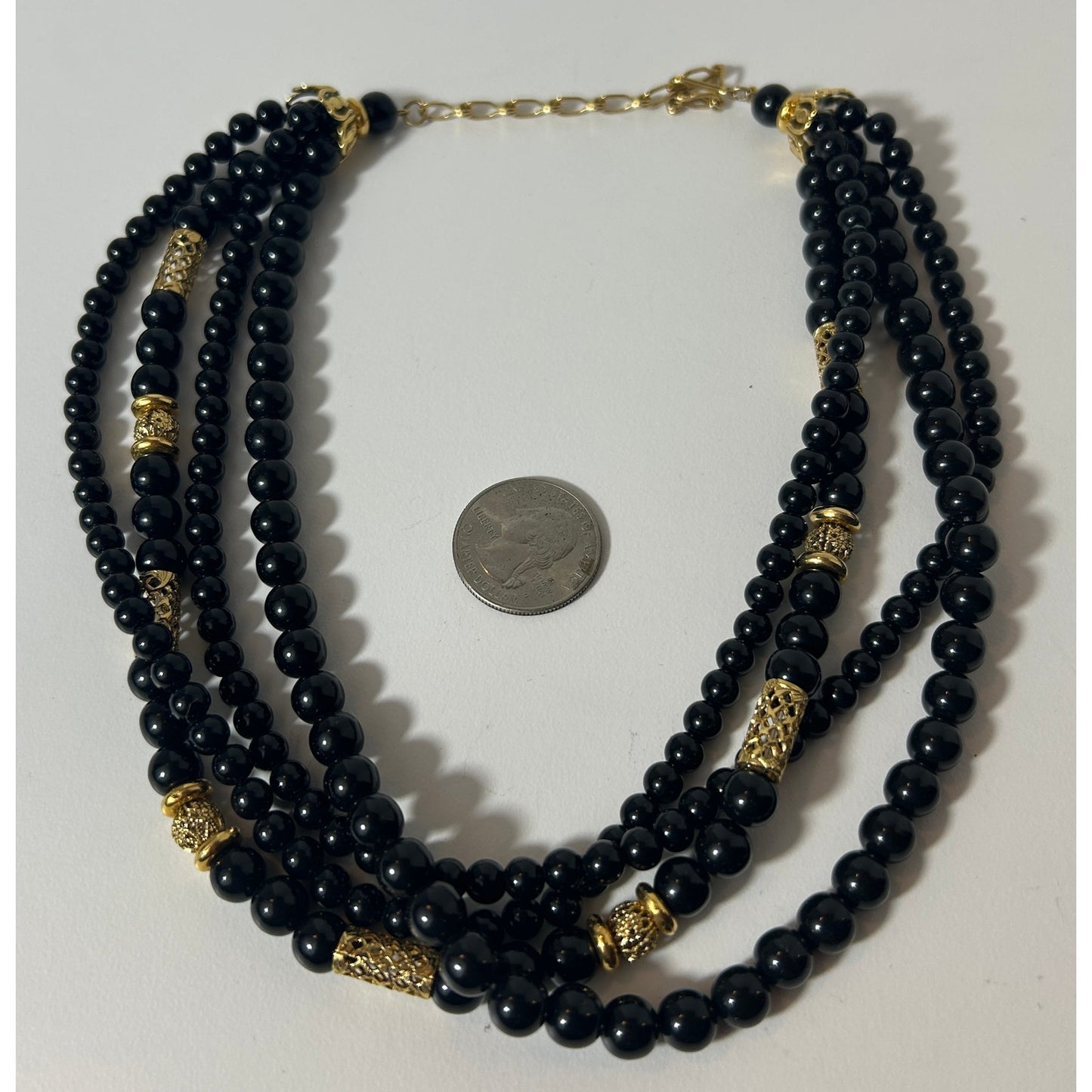 Vintage Multi-Strand Black Beaded Necklace with Gold Filigree Accents 19"