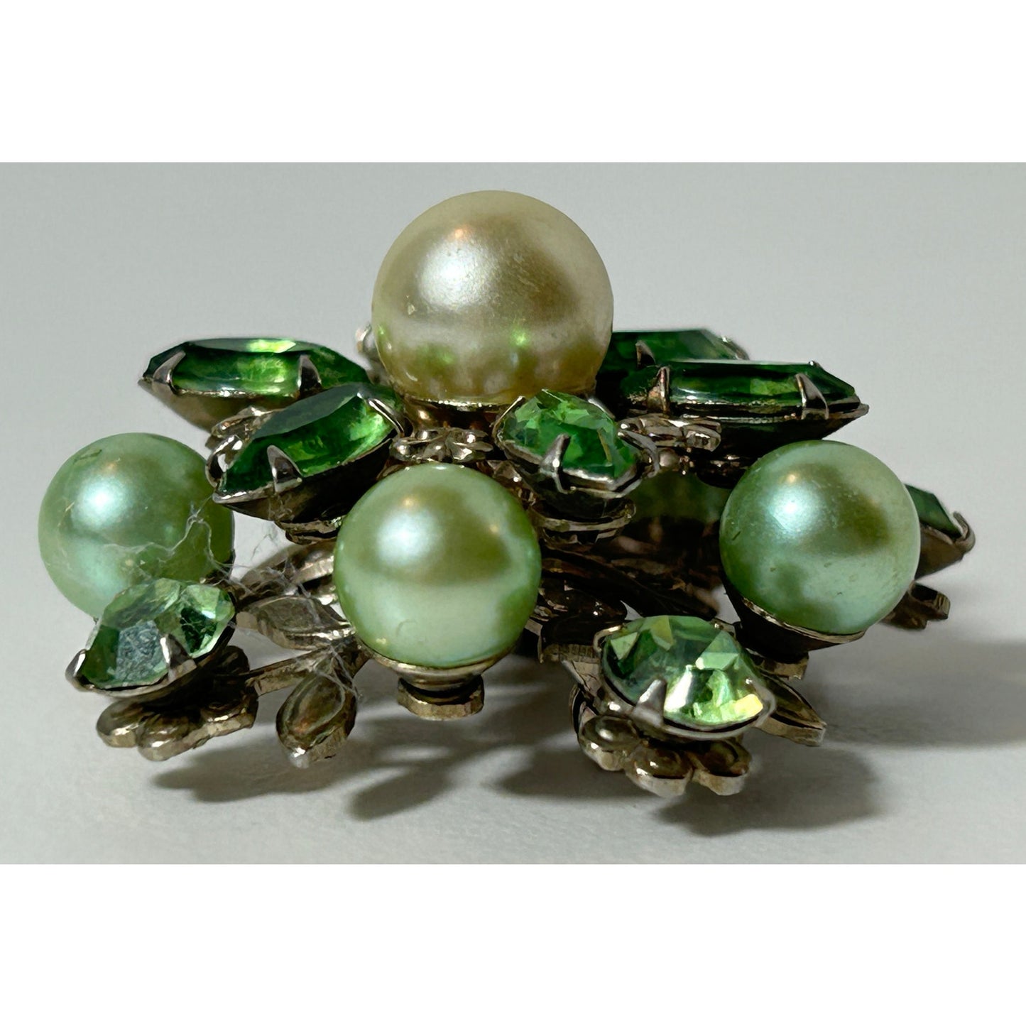 Vintage Green Rhinestone Faux Pearl Floral Brooch Pin 1.5"