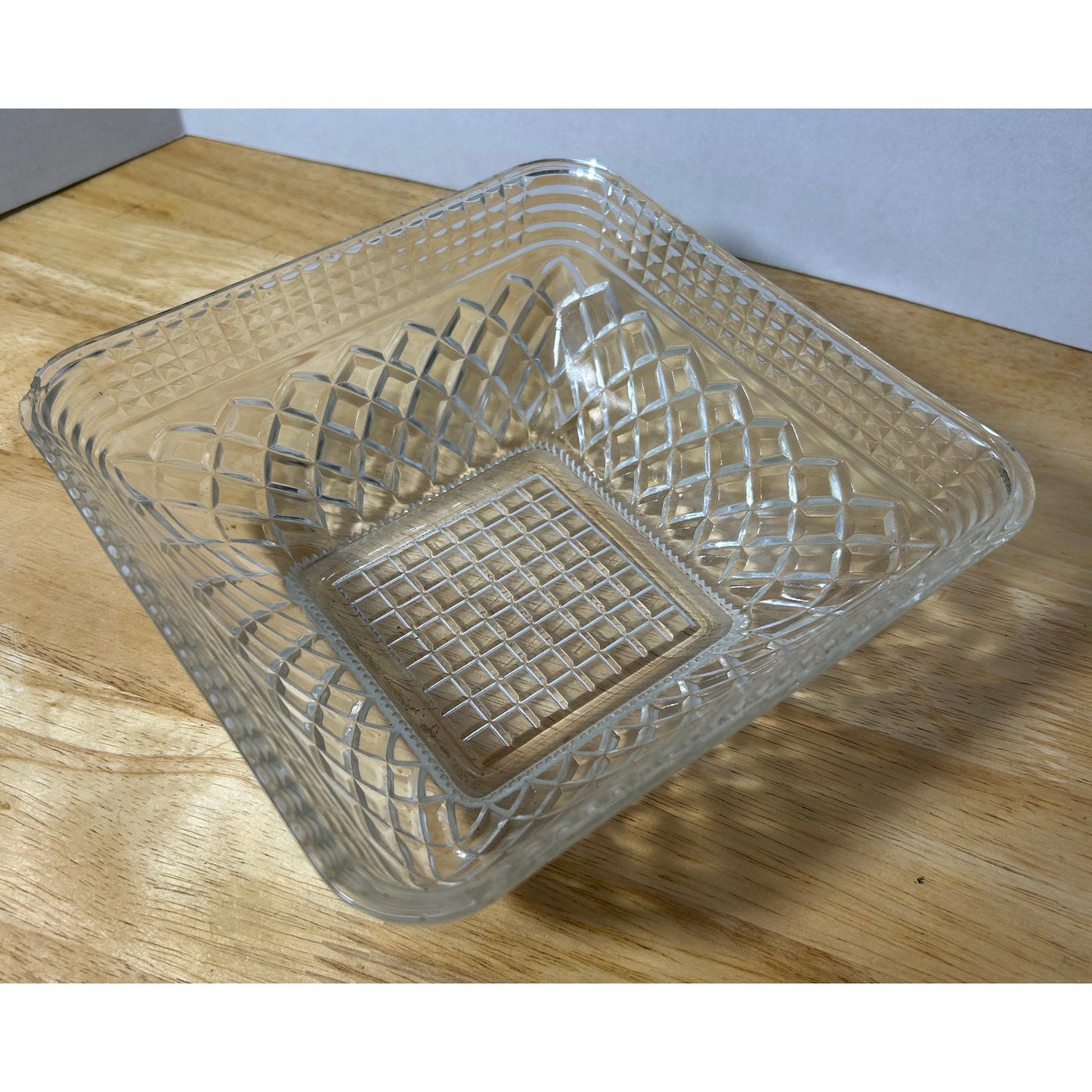 Vintage Square Pressed Glass Bowl 7¾″ Diamond Grid Pattern – Clear Trinket Dish
