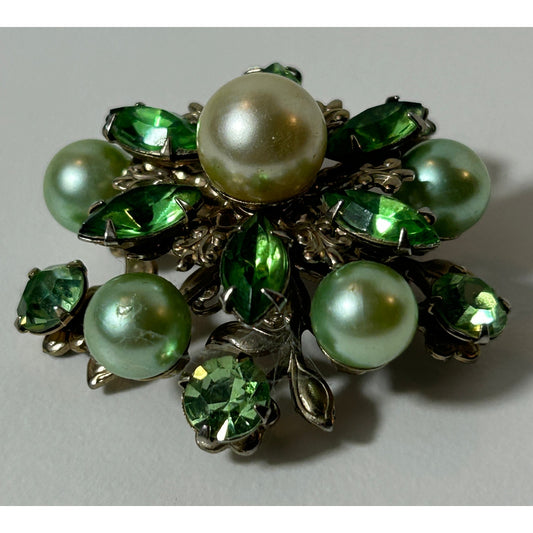 Vintage Green Rhinestone Faux Pearl Floral Brooch Pin 1.5"