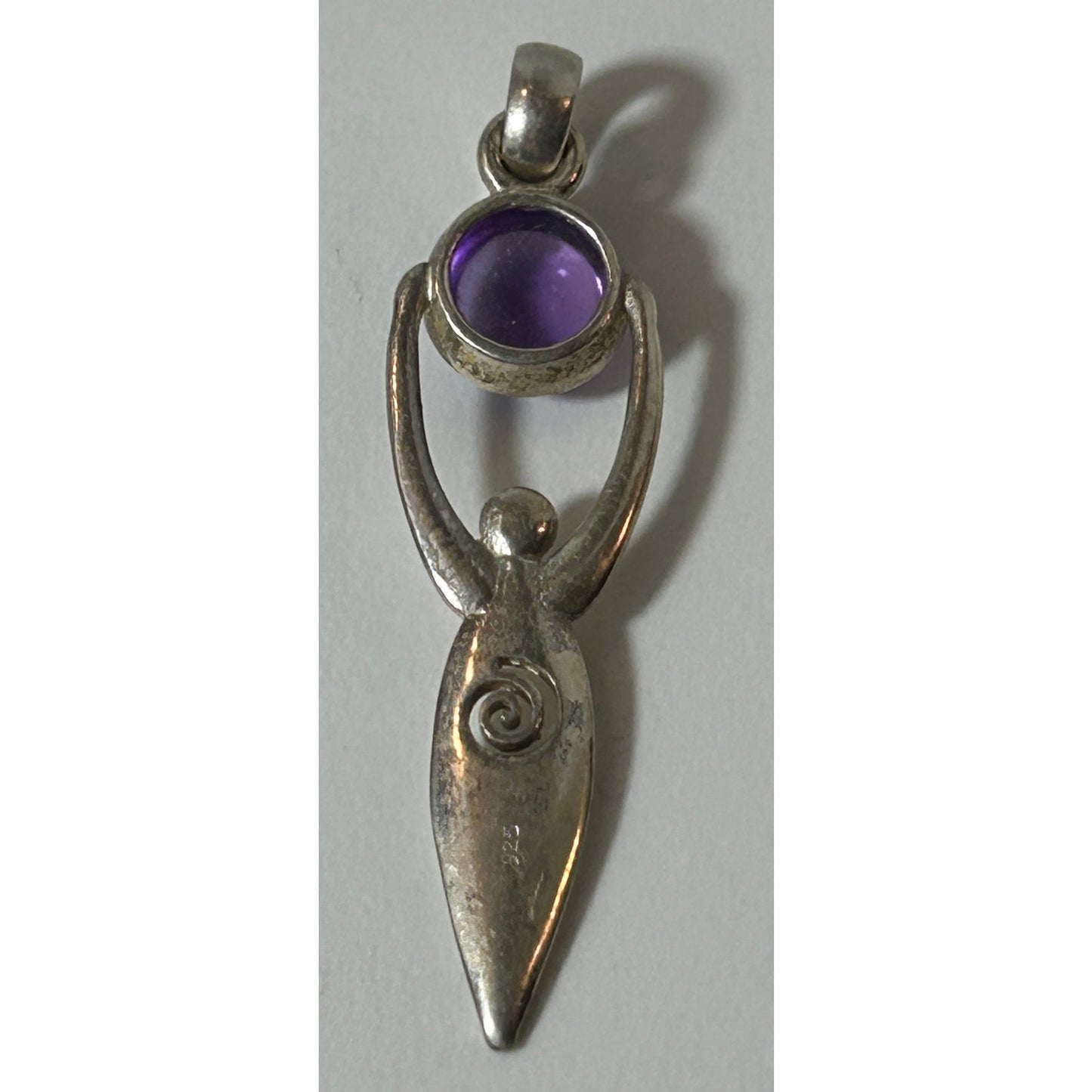 Vintage Sterling Silver Goddess Pendant with Amethyst Cabochon 2.5"