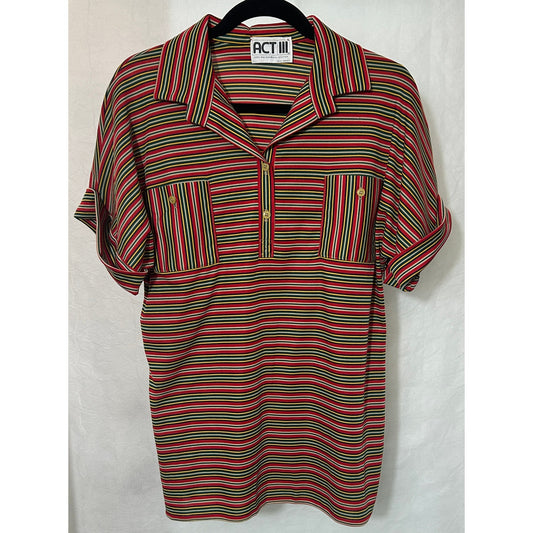 Vintage ACT III Red Multicolor Stripe Shirt Size L 100% Dacron Polyester