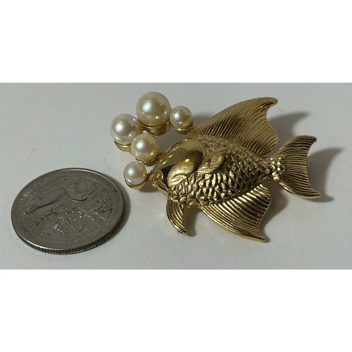 Vintage Gold Tone Fish Brooch with Faux Pearl Bubbles 1.75″ Statement Pin