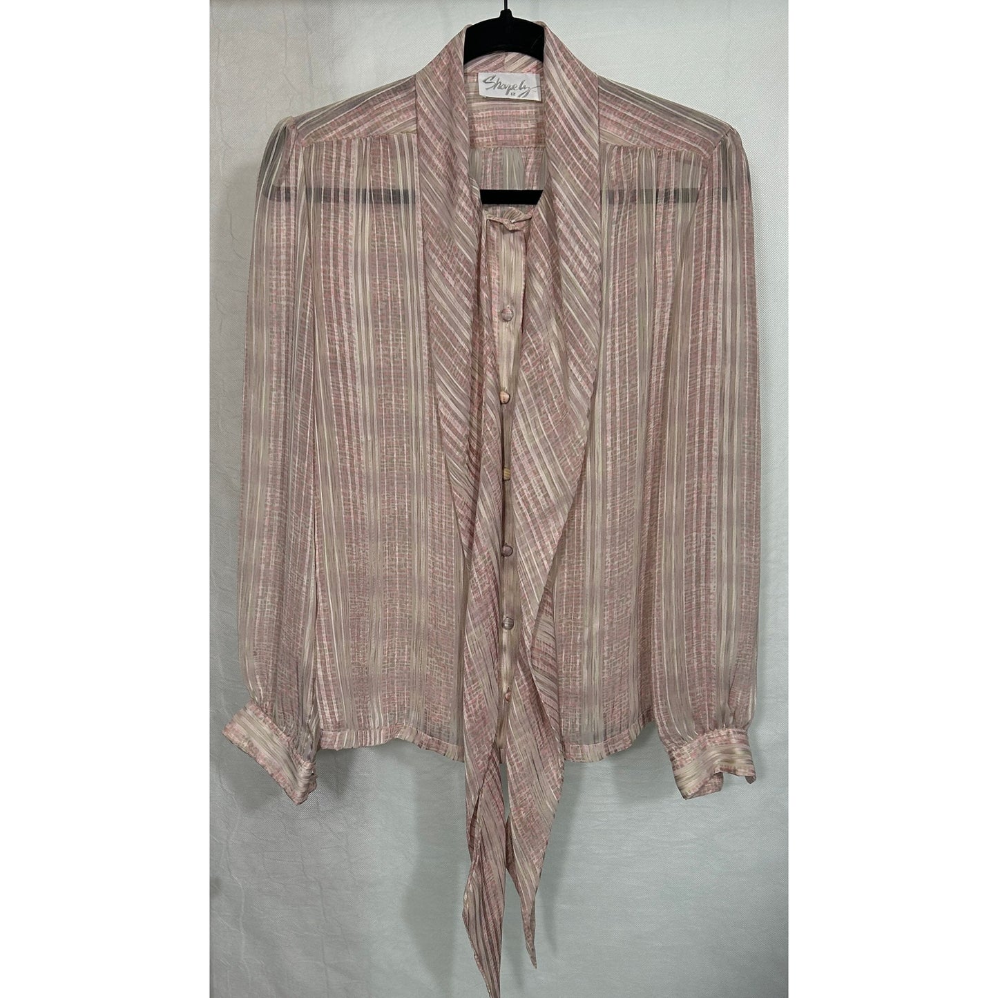 Vintage Shapely Sheer Pink Stripe Pussy Bow Blouse Size 12