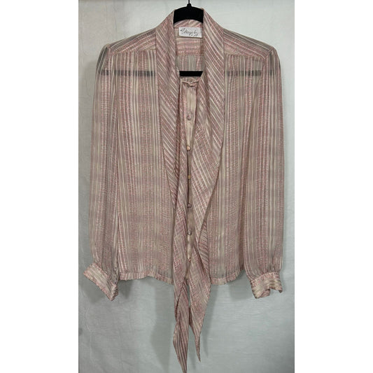Vintage Shapely Sheer Pink Stripe Pussy Bow Blouse Size 12