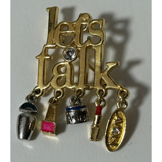 Vintage Avon "Let's Talk" Gold Tone Brooch with Makeup Charms, Rhinestone Accent