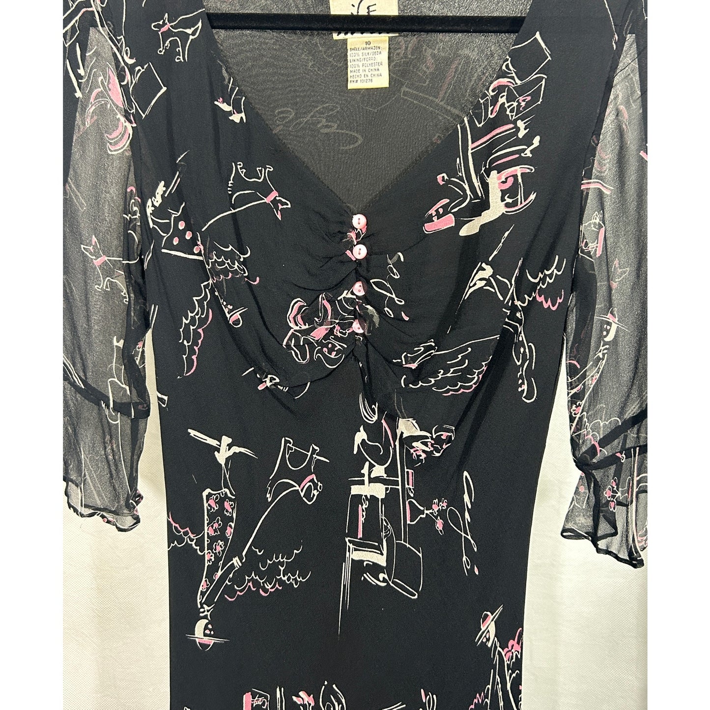 Ice Brand 100% Silk Black Cafe Print Dress Size 10 Ruffle Hem V-Neck