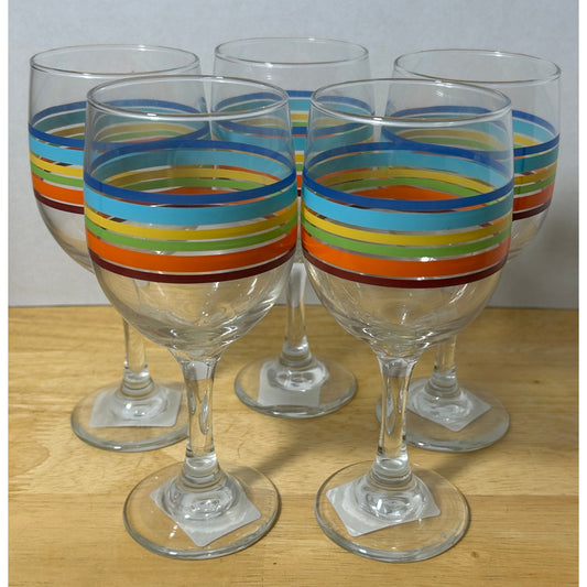 Vintage Libbey Fiesta Mambo Multicolor Striped Wine Goblets Set of 5